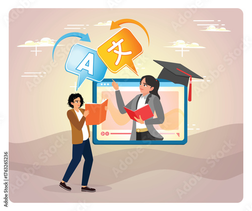 Language tutoring concept. Online Language Learning Scene With Teacher On Screen, Student Reading.