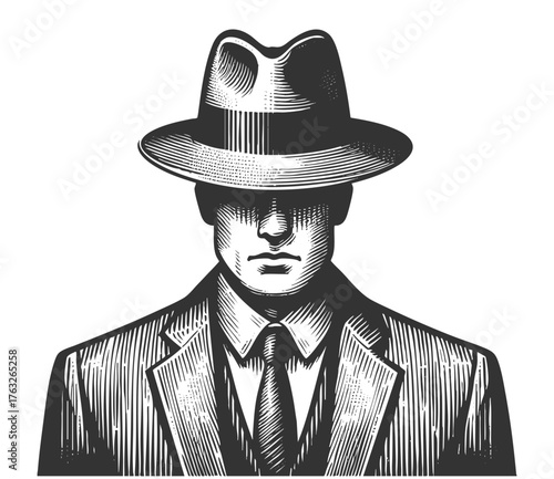 man wearing wide-brimmed fedora and trench coat, his eyes hidden to create mysterious and noir-inspired atmosphere sketch engraving generative ai fictional character vector illustration. Scratch board