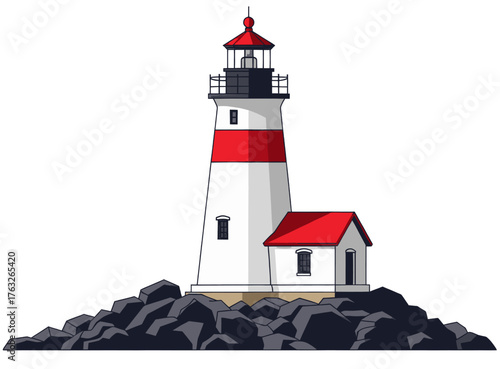 A detailed illustration of a lighthouse standing tall on a rocky shore, guiding ships safely at sea