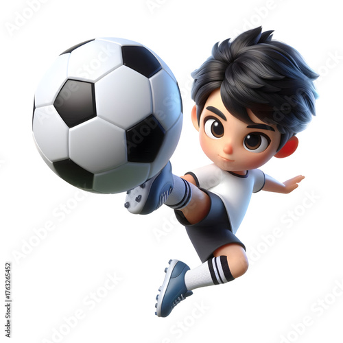 3D Cute Dramatic overhead sideways scissor kick on a ball by soccer athlete on white background isolated