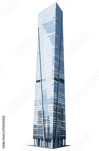 Modern skyscraper with a sleek, reflective glass facade and unique twisted design against a white background, architectural marvel