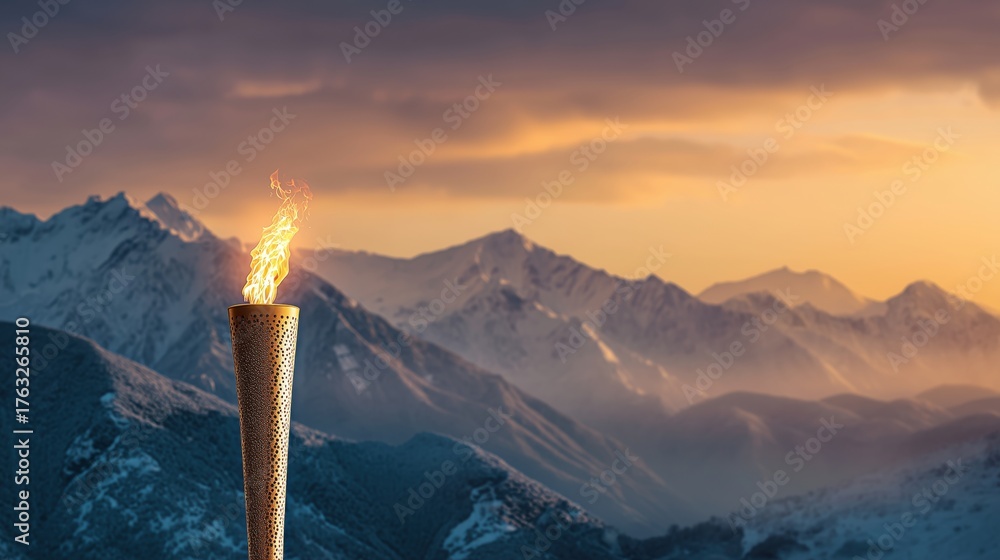 Fototapeta premium Olympic Torch in Mountain Landscape at Sunset. Concept for the Winter Sports 2026 in Italy.