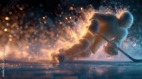  Ice Hockey Player on Ice with Fire and Snow Effect. Concept for the 2026 Winter Olympics Games.