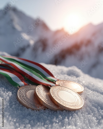Winter Medals with Italian Ribbon on Snow. Concept for the 2026 Winter Olympics.
