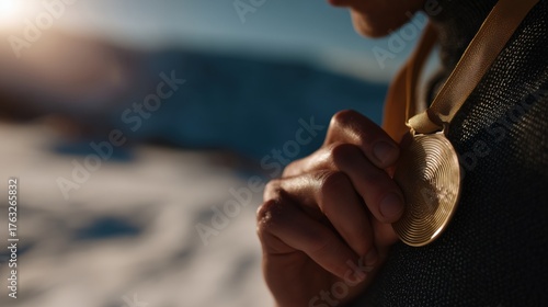 Athlete Holding Gold Medal in Snowy Mountains. Concept for the Olympic Winter Sports 2026 in Italy.