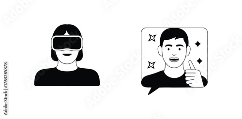 Virtual Reality and Social Media Icon Set — Vector VR Headset, Face Blur, and Chat Symbols

