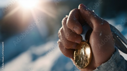  Hand Holding Olympic Gold Medal in Sunlight. Concept for the Winter Sports 2026 in Italy.