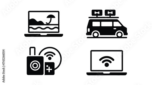 Mobile Travel and Wireless Network Icon Set — Vector Laptop, Van, WiFi, and Connection Symbols

