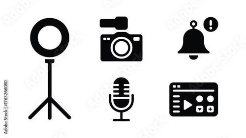 "Media Production and Content Creation Icon Set — Vector Ring Light, Camera, Microphone, Notification, and Video Symbols"

