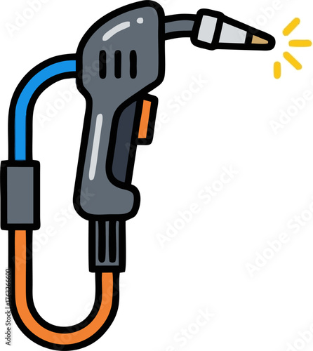 Cartoon Welding Torch with Blue Hose and Orange Accents Emitting Sparks