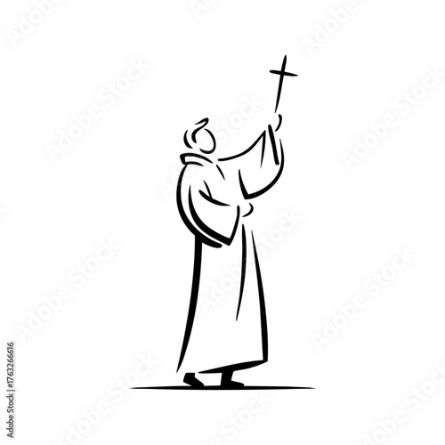 A priest lifting a cross in blessing, representing faith, spirituality, and religious devotion.