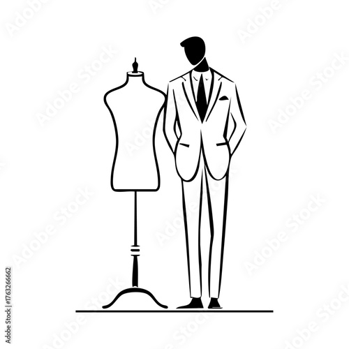 A tailor standing next to a mannequin in a fitted suit, symbolizing craftsmanship, fashion design, and bespoke tailoring.