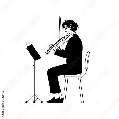 Musician playing violin seated with a music stand, representing classical performance, orchestra training, and dedication to art.
