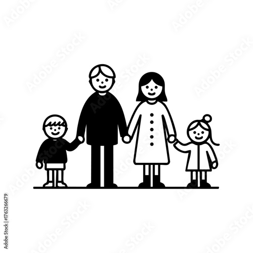 Happy family of four standing and smiling together, representing love, parenting, and domestic happiness.