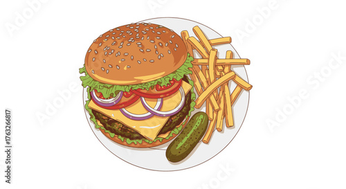 Tasty burger with cheese, lettuce, tomato, onion, served with french fries and a pickle on a plate