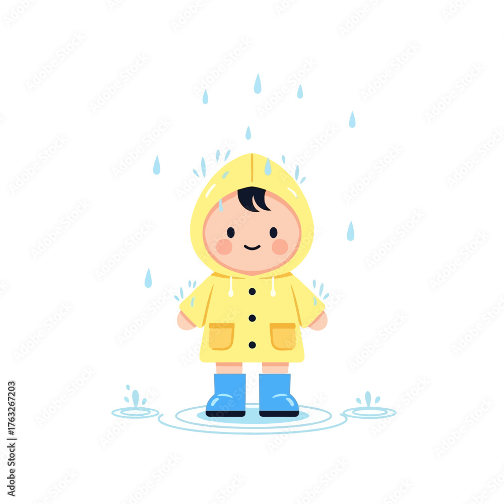 Fototapeta premium Adorable vector illustration of a happy little child wearing a bright yellow raincoat and blue boots while playing in the rain
