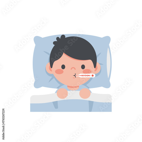 Child with thermometer in mouth lying in bed sick and unwell