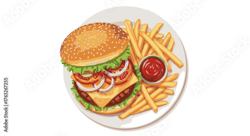 Delicious hamburger and french fries served on a white plate, perfect for a quick meal or a casual dining experience