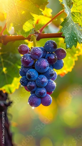 Close-up of dew-kissed grapes hanging from a vine, illuminated by warm sunlight in a vineyard