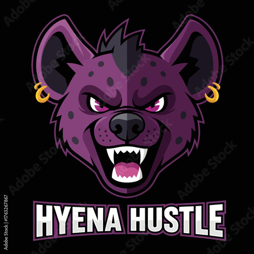 An illustrated cartoon of a purple hyena head with gold earrings, baring its teeth above the words "Hyena Hustle" on a black background.