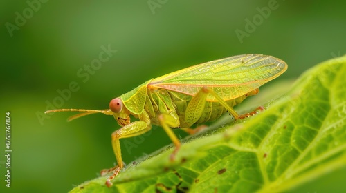 Wallpaper Mural Close-up macro photo of a green leafhopper insect resting on a leaf, detailed texture of wings with water droplets, macro photography of green cicadellidae bug in nature, leaf insect macro background Torontodigital.ca