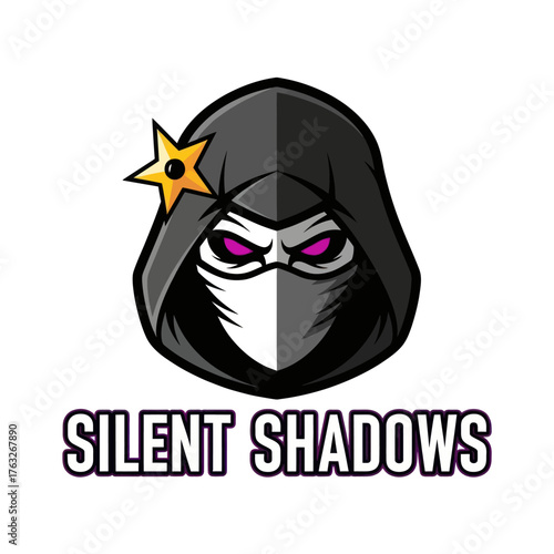 A stylized, menacing ninja character with glowing purple eyes, a white mask, and a black hood, adorned with a golden shuriken, with the text "SILENT SHADOWS" below.