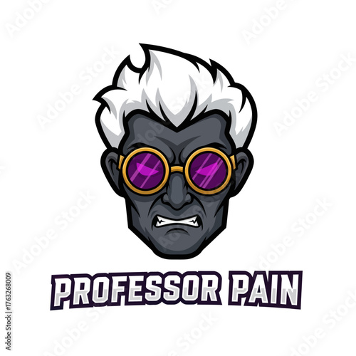Cartoon illustration of a stern, dark-skinned man with white hair and purple-lensed glasses, labeled "Professor Pain".