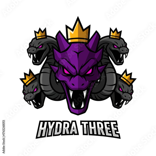 Fierce five-headed hydra mascot with a purple main head, golden crowns, and glowing pink eyes.