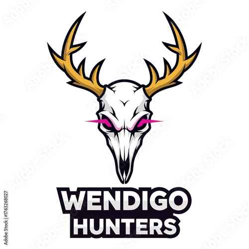 A gaming team logo for 'Wendigo Hunters' featuring a menacing deer skull with golden antlers and glowing pink eyes.