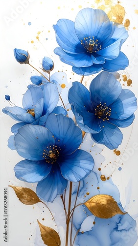 Beautiful blue flowers with golden accents and soft watercolor splashes, creating an artistic backdrop