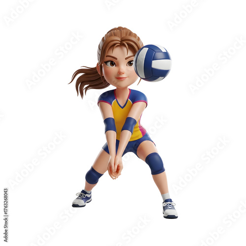 3D Cute Female player prepares for a ball receive in volleyball game on isolated white background