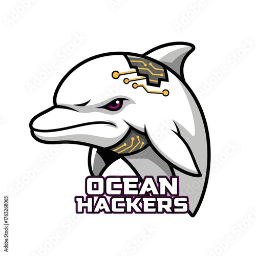 A stylized dolphin mascot with circuit board elements, representing a hacking group.