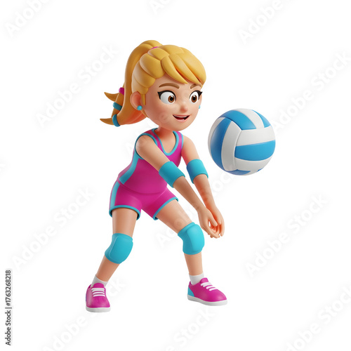 3D Cute Female player prepares for a ball receive in volleyball game on isolated white background