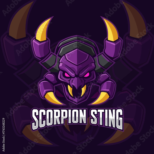 A fierce purple scorpion creature mascot with glowing pink eyes and sharp fangs, designed as an aggressive emblem.