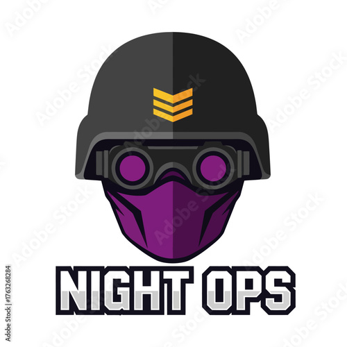 Stylized illustration of a tactical operative's head wearing a helmet, purple goggles, and face mask, with 'NIGHT OPS' text below.