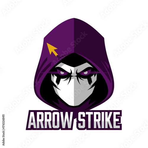A stylized, masked figure with a purple hood and an arrow symbol, representing a gaming logo.