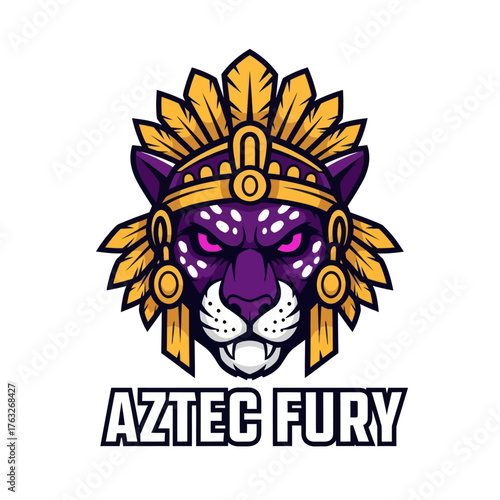A fierce purple jaguar mascot with glowing eyes, bared fangs, and a golden Aztec feathered headdress.