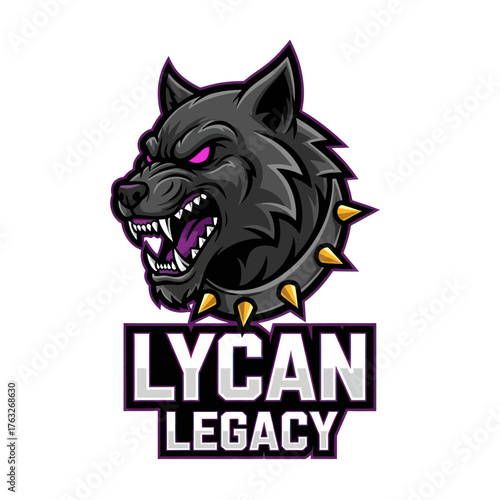 Fierce black wolf head with glowing purple eyes and jagged teeth, wearing a spiked collar, above the bold text "LYCAN LEGACY" in purple and white.