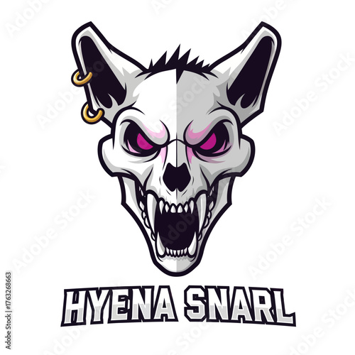 A fierce and stylized illustration of a hyena skull with glowing purple eyes and sharp teeth, featuring a gold hoop earring, set against a white background w...