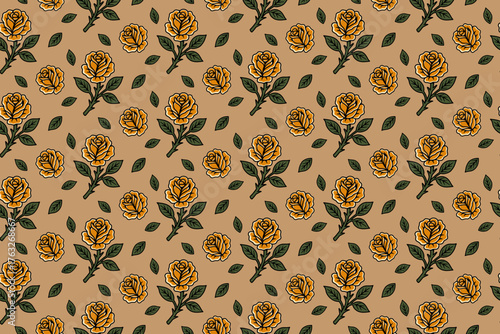 Rose blooming with petals and leaves seamless pattern on tan background for florist merchandise. Garden flower, Rose blossom motif pattern background. Vector illustration