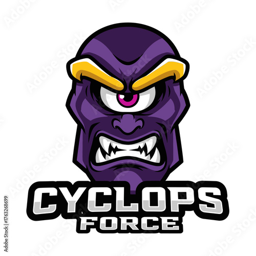 A fierce purple cyclops monster with a single eye, bared teeth, and angry expression, emblazoned with the text "CYCLOPS FORCE" in bold white lettering.