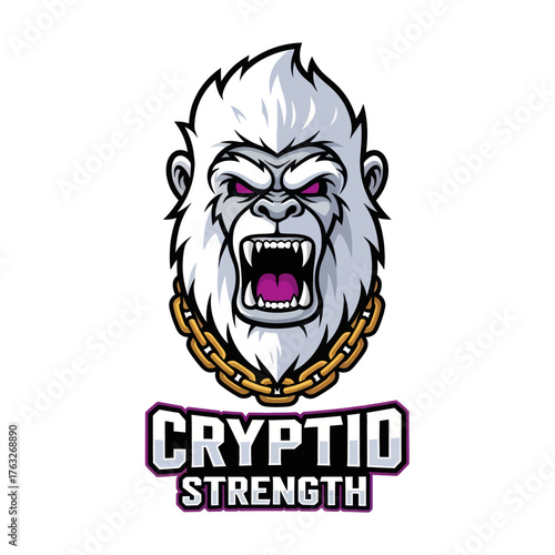 A fierce white gorilla or cryptid creature's head with bared teeth and glowing purple eyes, wearing a heavy gold chain, presented as a powerful logo with "CR...