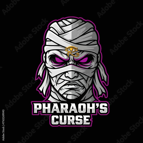 A menacing mummy's head, wrapped in bandages, with glowing purple eyes and an Egyptian Eye of Horus symbol, set against a dark background, with the text "PHARAOH'S CURSE" below.