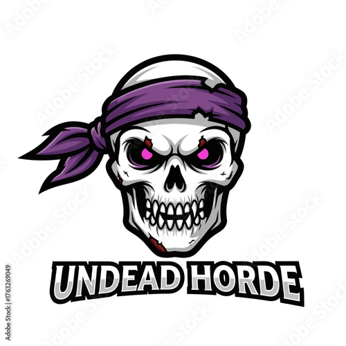 A fierce cartoon skull mascot with a tattered purple bandana and glowing magenta eyes, representing an Undead Horde.