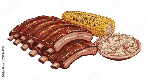 Delicious barbecued ribs with corn on the cob and coleslaw, a classic summer meal perfect for grilling and outdoor dining
