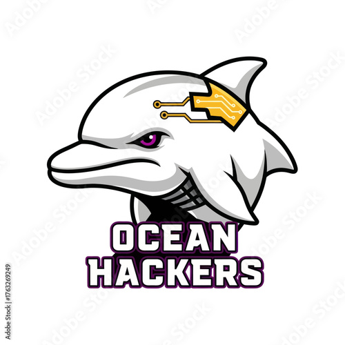 A mascot logo of a cybernetic dolphin with a circuit board on its head and purple eyes, above the text 'Ocean Hackers'.