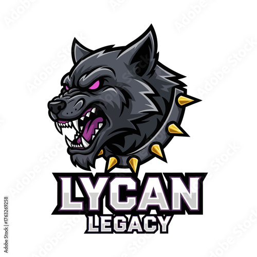 Fierce wolf head with snarling teeth and spiked collar, alongside stylized text logo.