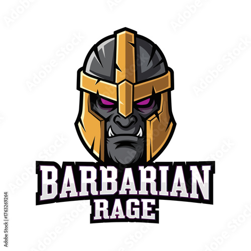 Cartoon gorilla wearing a golden barbarian helmet with purple eyes, above the words "BARBARIAN RAGE".
