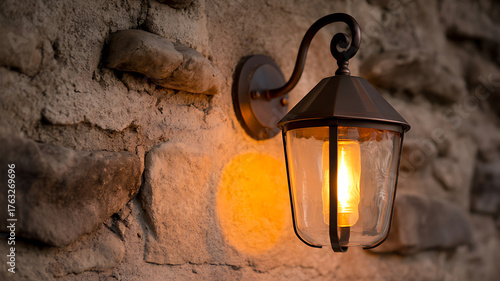 Warm glow from an antique outdoor lantern illuminates a rustic stone wall at dusk.