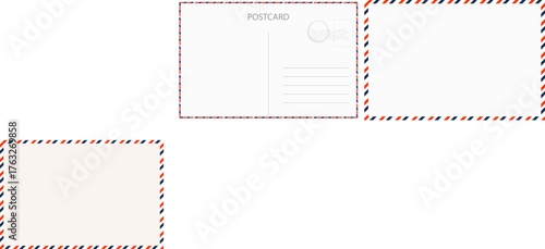 Travel card design template postcard retro background with grids, stamp. Mail, vintage letter design.retro border envelope with stripes. Paper texture, vintage mail. Air post letter. 